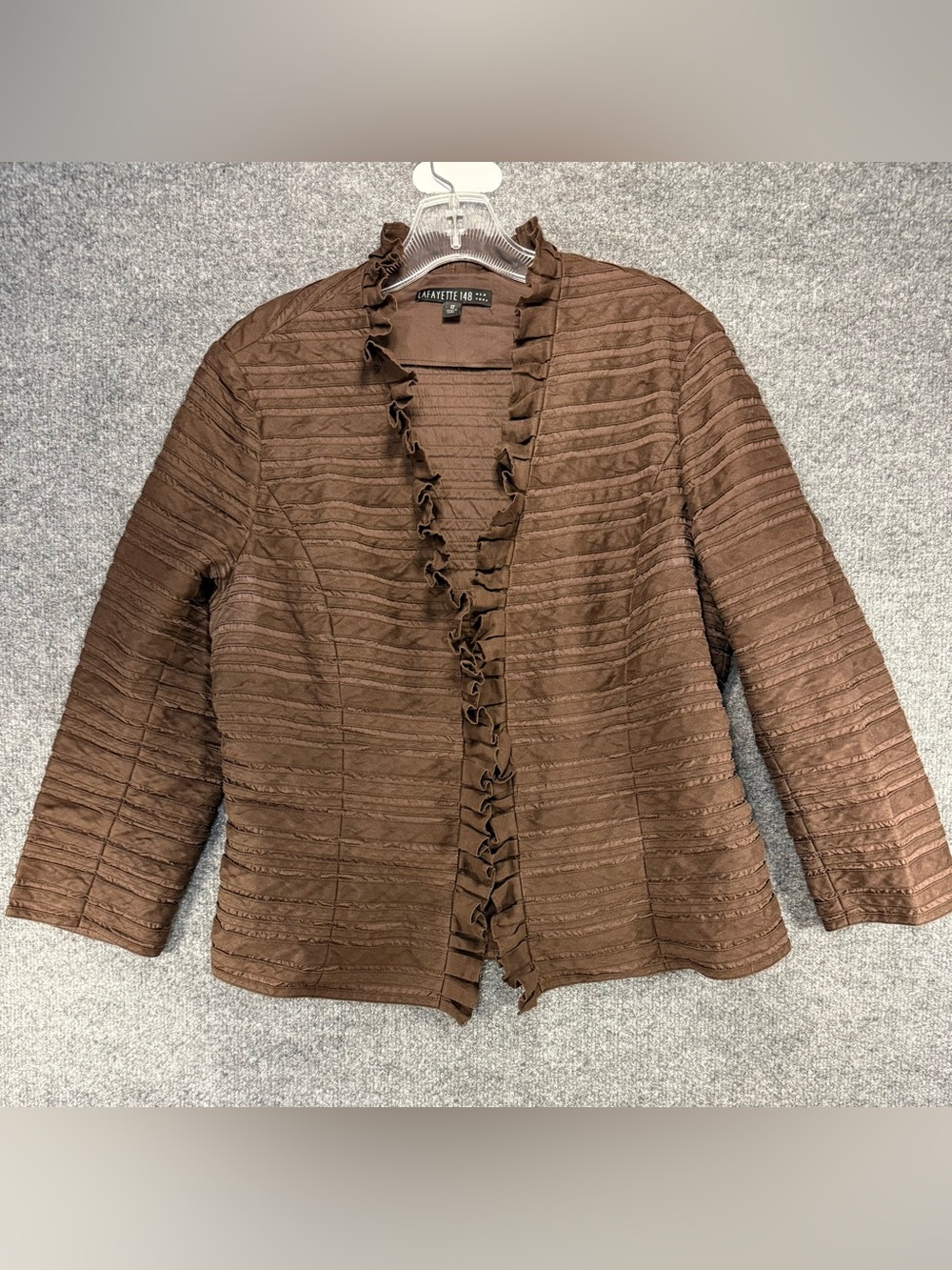 Lafayette 148 New York Linen Brown Ruffle-Trim Blazer Jacket - business office